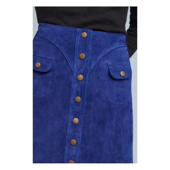 EUC! Anthropologie Blue Suede Button-Front Mini Skirt, Size 2 - Picture 3 of 7